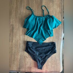 Women's Teal Ruffle Swim Top with Black Swim Bottoms